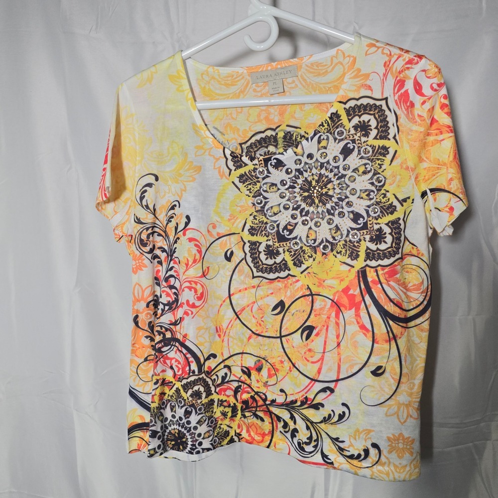 Laura Ashley Womens PL Petite Large Yellow‎ Orange Mandala Rhinestone Blouse Top